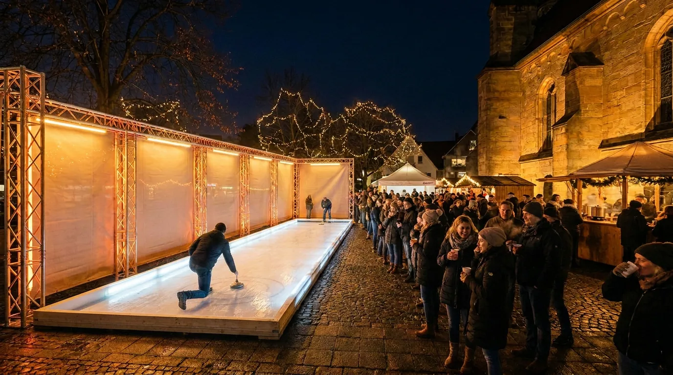 Die beleuchtete Eisstockbahn von der Marktseite aus, entlang der Bande hängen großformatige Werbebanner